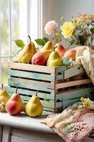 A rustic wooden crate overflows with ripe pears, accompanied by honey in a jar, buzzing bees photo