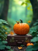 A bright orange pumpkin, topped with a small yellow bird, rests on a vintage suitcase in a lush forest path photo