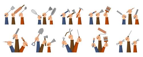 Hands Holding Tool Happy Labor Day Illustration On White Background Set vector
