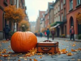 A large pumpkin and a vintage suitcase rest on a cobblestone street scattered with autumn leaves photo