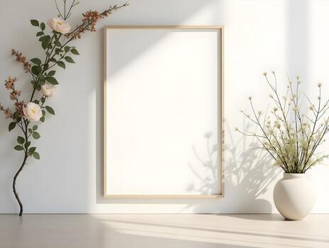 A white rectangular photo frame sits on a wooden table