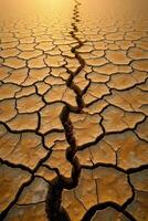 A vast expanse of parched, cracked earth stretches towards the horizon under a warm, golden light, dominated by a long, winding fissure photo
