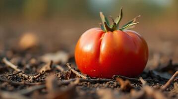red tomato with a slight crack sits on dark soil amidst fallen leaves in a garden under soft, warm light photo