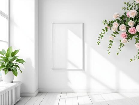 A white rectangular photo frame hang on a white wall