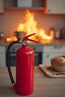 One red fire extinguisher stands prominently in the foreground, sharply focused, while flames erupt from a stove photo