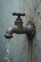 A weathered metal faucet mounted on cracked wall drips a thin stream of water into a stained sink photo