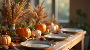rustic table set with pumpkins, pampas grass, and plates, ready for a warm photo