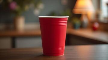 red plastic cup with a white rim stands on a wooden table against a blurred background, showcasing a simple, everyday object photo