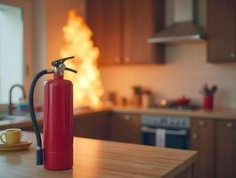 fire extinguisher stand prominently in the foreground, sharply focused, while flames erupt from a stove photo