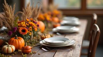 rustic table set with pumpkins, grass, and plates, ready for a warm photo