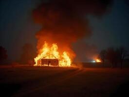 Single house is engulfed in intense flames under a dark night sky, with smoke billowing upwards and a few trees silhouetted photo