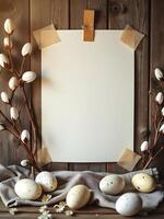 A rustic Easter scene with parchment paper sheet, decorated with colorful eggs, willow branches, and a woven basket, creating a warm and inviting atmosphere photo