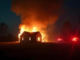 A house is engulfed in intense flames under a dark night sky, with smoke billowing upwards and a few trees silhouetted photo