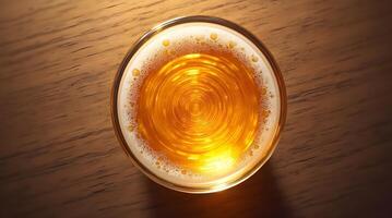 A top-down view of a glass of beer with a swirling pattern in the foam, set against a wooden table backdrop photo