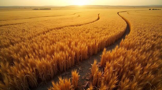 field of withered crops is bisected by deep cracks in the parched earth under a strong, setting or rising sun photo