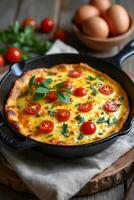 breakfast skillet features eggs baked with cheese, bacon, and onions, topped with cherry tomatoes and herbs photo
