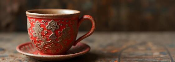 vintage-inspired red ceramic cup with intricate gold floral patterns, resting on a matching saucer against a warm wooden backdrop photo