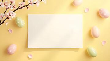 blank canvas leans against a sunny yellow wall, adorned with colorful Easter eggs, delicate blossoms, and falling petals, creating a cheerful and festive springtime scene photo