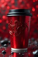 red paper cup with a black lid and intricate gold design, set against a sparkling red backdrop, ideal for holiday themes photo