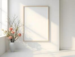 A blank rectangular canvas hangs on a white wall photo