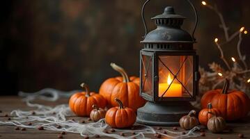 A warmly glowing hurricane lantern illuminates a collection of small pumpkins and spooky spiderwebs on a rustic wooden surface photo