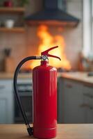 a Single red fire extinguisher stands prominently in the foreground, sharply focused, while flames erupt from a stove photo
