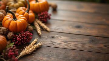 Pumpkins and florals cascade across a rustic wooden tabletop, capturing the warm photo
