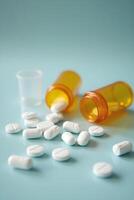 Several white, round pills are scattered on a light blue surface, with two open photo