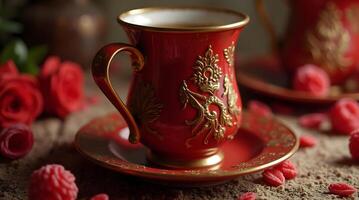 An ornate red and gold teacup and saucer, surrounded by roses and scattered petals, evokes a romantic and luxurious tea setting photo