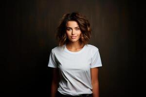 Young woman in a mock-up of a white T-shirt on a brown background. Designer template, printed presentation layout. photo