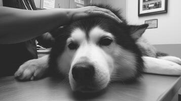 black and white husky is lying on table, receiving gentle attention from hand. atmosphere conveys sense of care and comfort photo