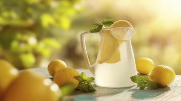 Fresh lemonade in pitcher with mint leaves and lemons, evoking refreshing summer vibe photo