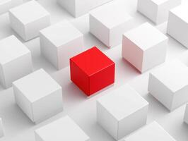 red cube stands out among many white cubes, creating feeling of prominence and focus against clean backdrop of geometric forms photo