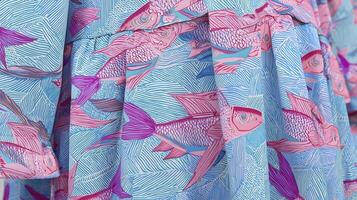 vibrant close up of dress featuring colorful fish pattern on blue background, showcasing intricate details and lively hues photo