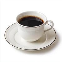 coffee cup and plate, filled with dark brew, rests serenely on white surface, radiating warmth and comforting energy photo