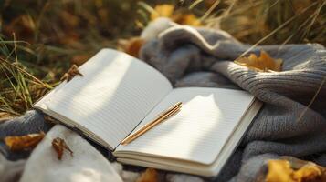 serene scene featuring open notebook with blank pages, pen resting beside it, surrounded by autumn leaves and soft fabric photo
