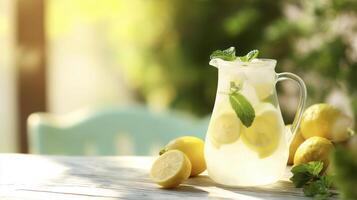 Fresh lemonade in glass pitcher with mint leaves and lemons, evoking refreshing summer vibe photo