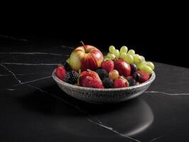 bowl of mixed fruit including apples, strawberries, grapes, and blackberries on black marble surface, creating vibrant and fresh display photo