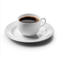 complete coffee cup and plate on white surface showcasing delightful moment of coffee pleasure. coffee looks delicious and inviting photo