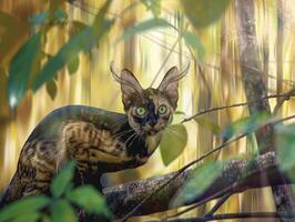 surreal black cat with multiple ears sits on branch, surrounded by lush green leaves and vibrant, dreamy background photo