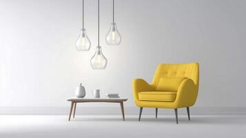 bright yellow armchair complements minimalist setting with pendant lights and coffee table, creating cozy atmosphere photo