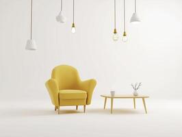 cozy yellow armchair with minimalist design, paired with simple table and decorative elements, creates warm atmosphere photo