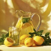 Refreshing lemonade in a glass pitcher with fresh lemons and mint leaves, in perfect for sunny day photo