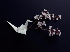 White origami paper bird and flower create thoughtful, peaceful ambiance against dark backdrop, symbolizing hope and new beginnings, utterly serene photo
