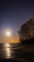 serene beach scene under clear night sky, illuminated by bright moon reflecting on water, creating tranquil atmosphere photo