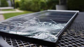 cracked solar panel with shattered glass lies on table, showcasing damage and reflecting sunlight photo