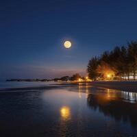 serene beach scene at night with full moon illuminating sky above calm sea, reflecting lights from shore photo