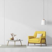 bright yellow armchair complements minimalist living room with round coffee table and decorative vases, creating cheerful atmosphere photo