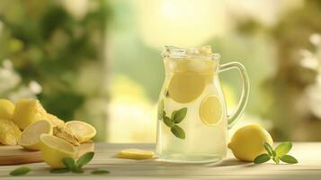 Fresh lemonade in glass pitcher with ice and lemon slices, surrounded by fresh lemons and mint leaves, evokes refreshing summer vibe photo