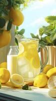 Refreshing lemonade in glass pitcher with lemon slices and mint, surrounded by fresh lemons and greenery, evokes sunny, cheerful atmosphere photo